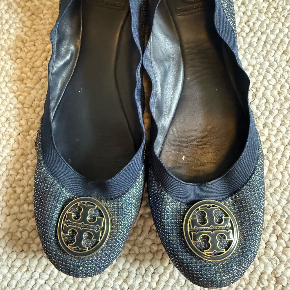 Tory Burch Blue Flats with Medallion Logo